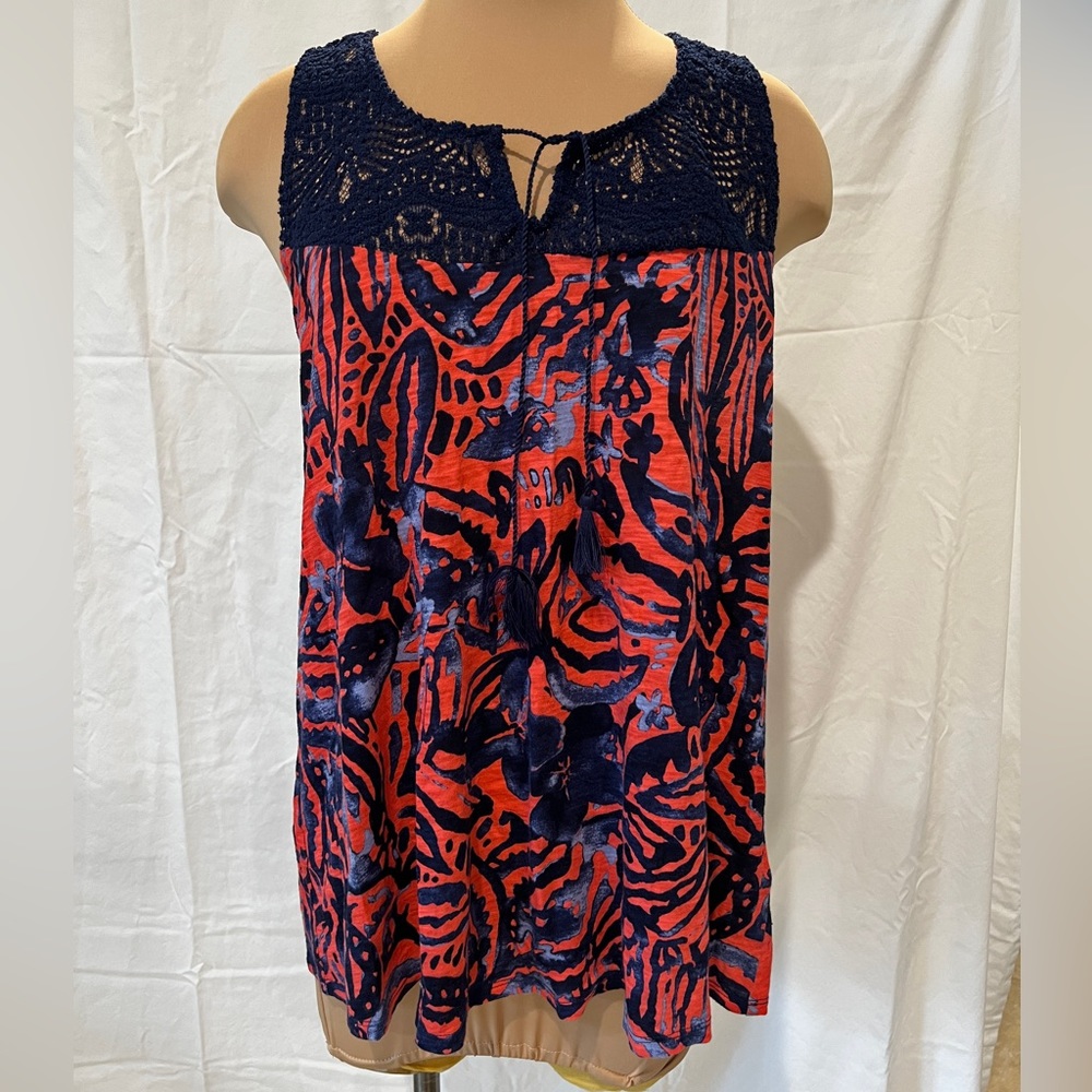 Lucky Brand (Live in Love) racerback tee orange with blue floral design. Size XL